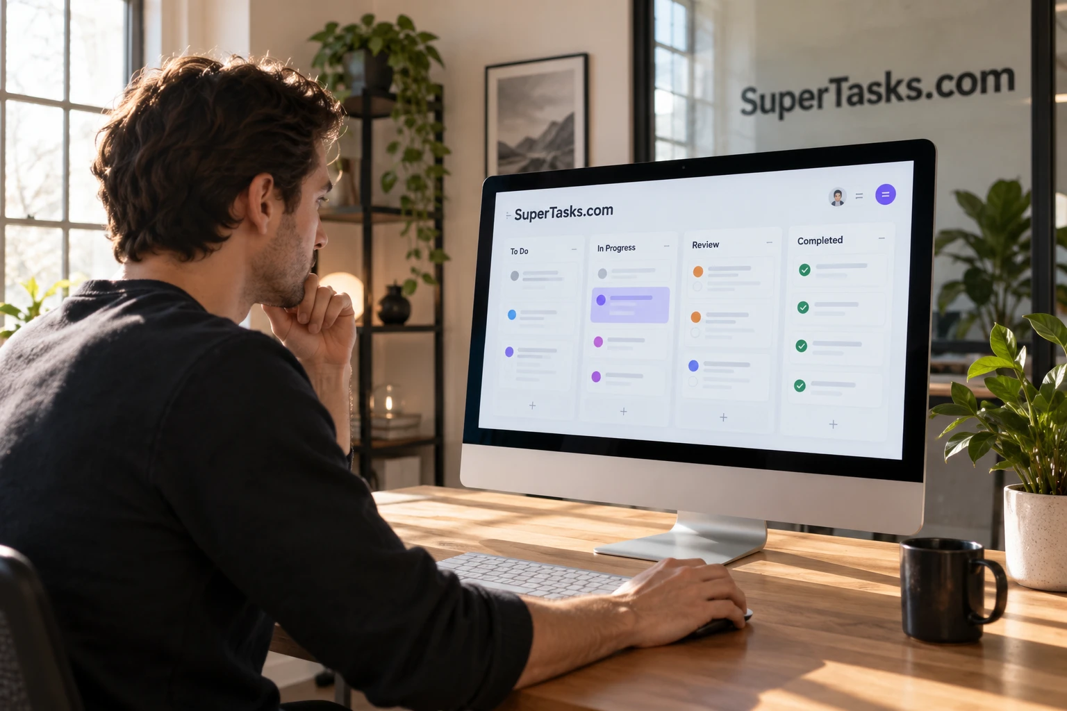 A professional at work in a collaborative SuperTasks.com workspace